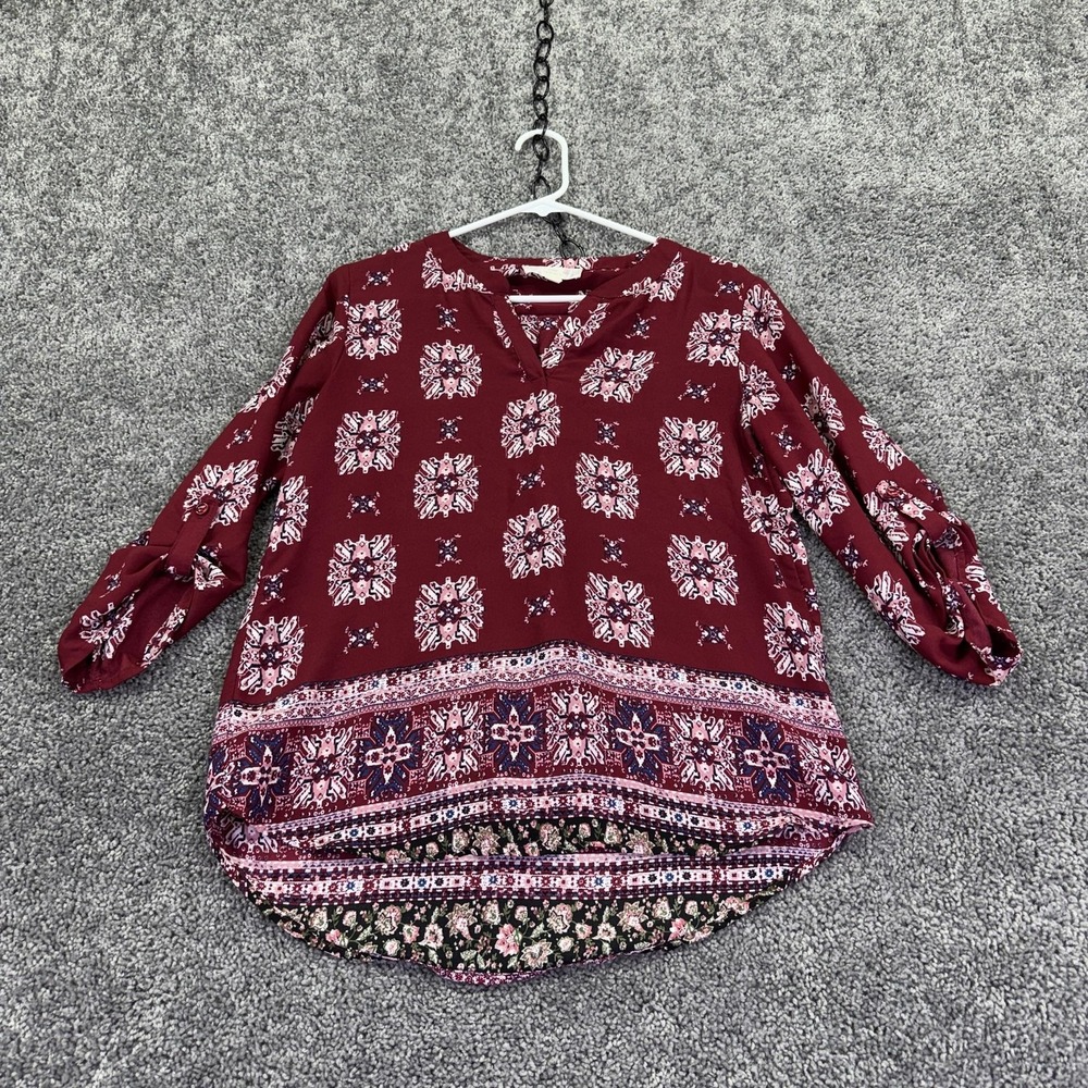 Pink Republic Blouse Womens Small Red Floral V Neck Roll Tab 3/4 Sleeve Tunic